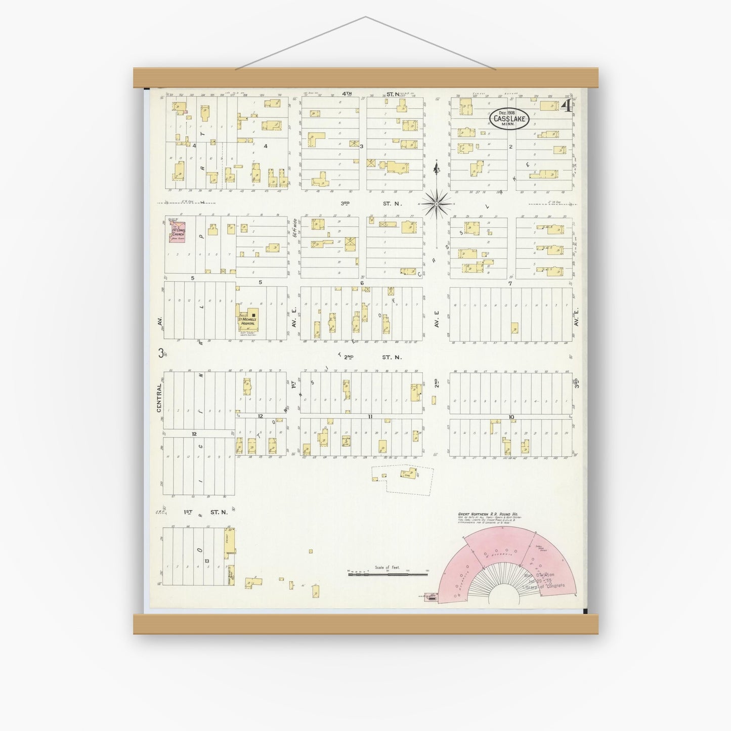 Old map wall art mockup — magnetic wood frame on white wall — Sanborn Fire Insurance Map from Cass Lake, Cass County, Minnesota (1908), Sheet #0004