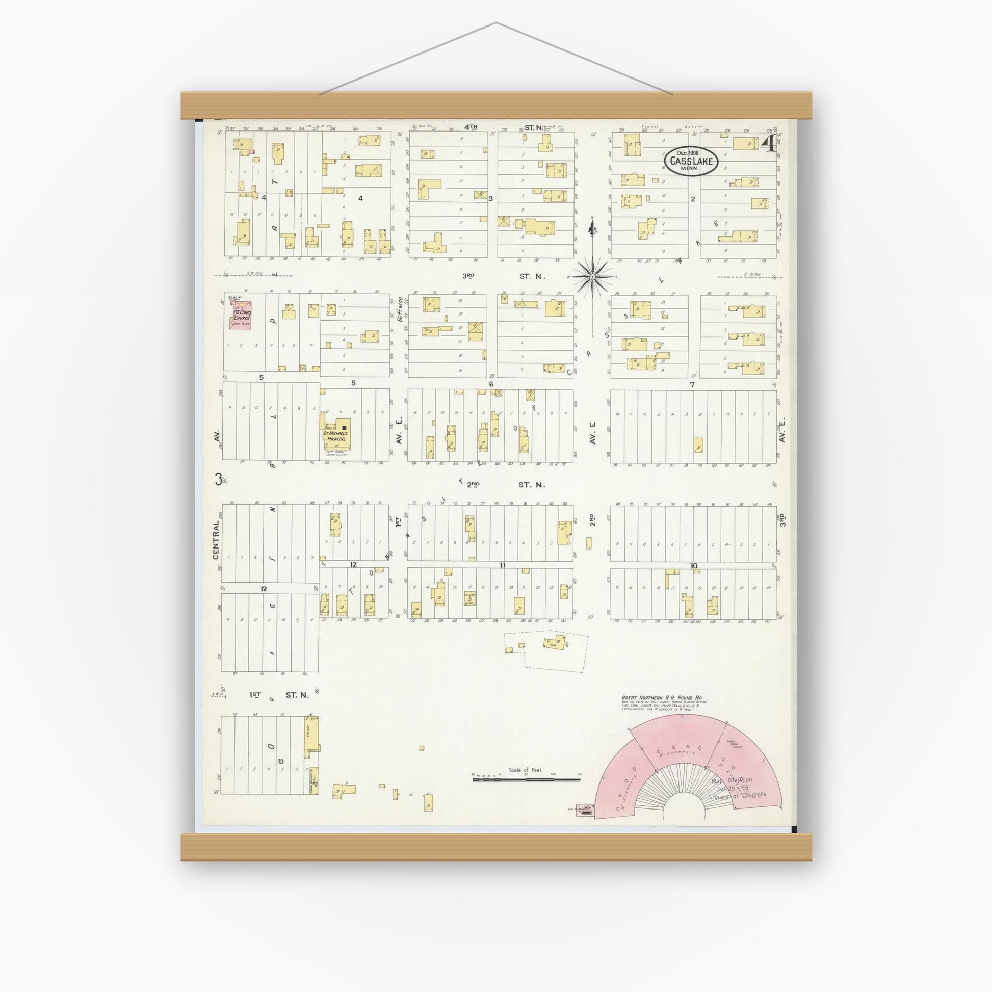 Old map wall art mockup — magnetic wood frame on white wall — Sanborn Fire Insurance Map from Cass Lake, Cass County, Minnesota (1908), Sheet #0004