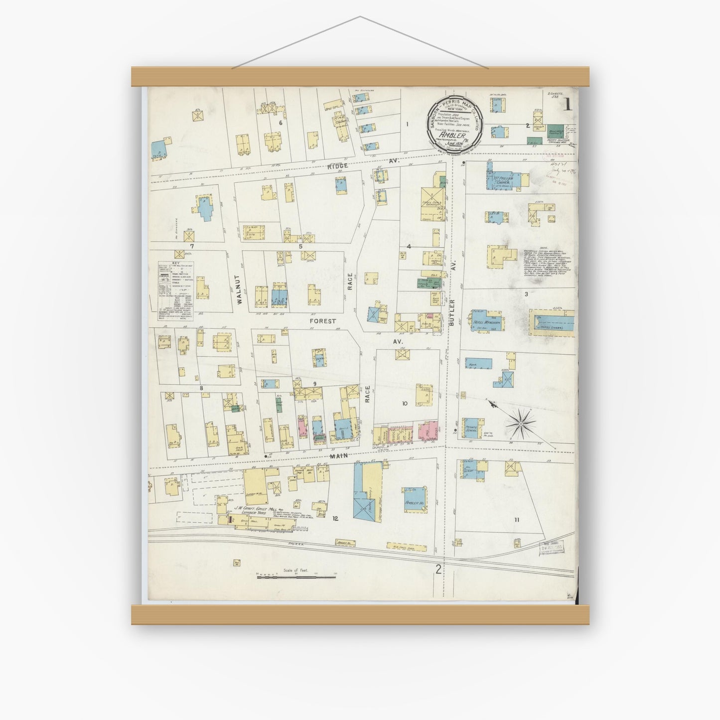Old map wall art mockup — magnetic wood frame on white wall — Sanborn Fire Insurance Map from Ambler, Montgomery County, Pennsylvania (1896), Sheet #0001
