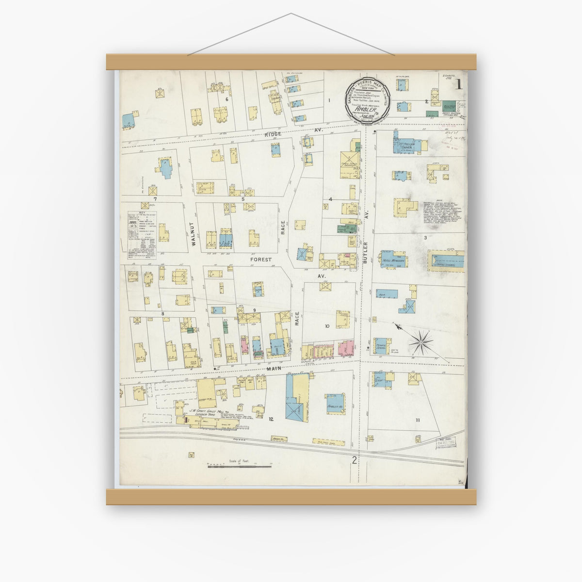 Old map wall art mockup — magnetic wood frame on white wall — Sanborn Fire Insurance Map from Ambler, Montgomery County, Pennsylvania (1896), Sheet #0001