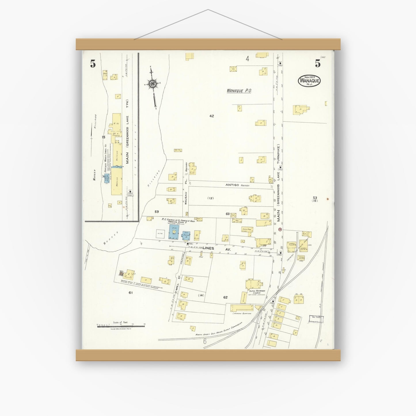 Old map wall art mockup — magnetic wood frame on white wall — Sanborn Fire Insurance Map from Wanaque, Passaic County, New Jersey (1923), Sheet #0005