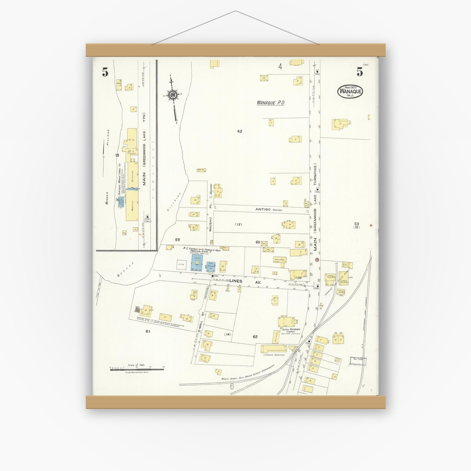 Old map wall art mockup — magnetic wood frame on white wall — Sanborn Fire Insurance Map from Wanaque, Passaic County, New Jersey (1923), Sheet #0005
