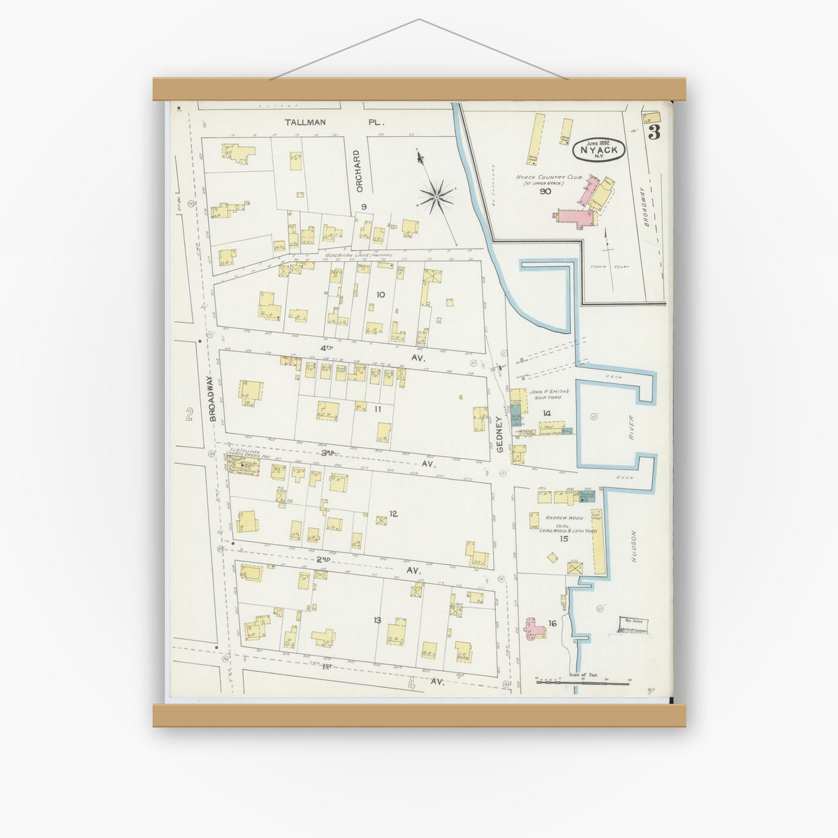 Old map wall art mockup — magnetic wood frame on white wall — Sanborn Fire Insurance Map from Nyack, Rockland County, New York (1892), Sheet #0003