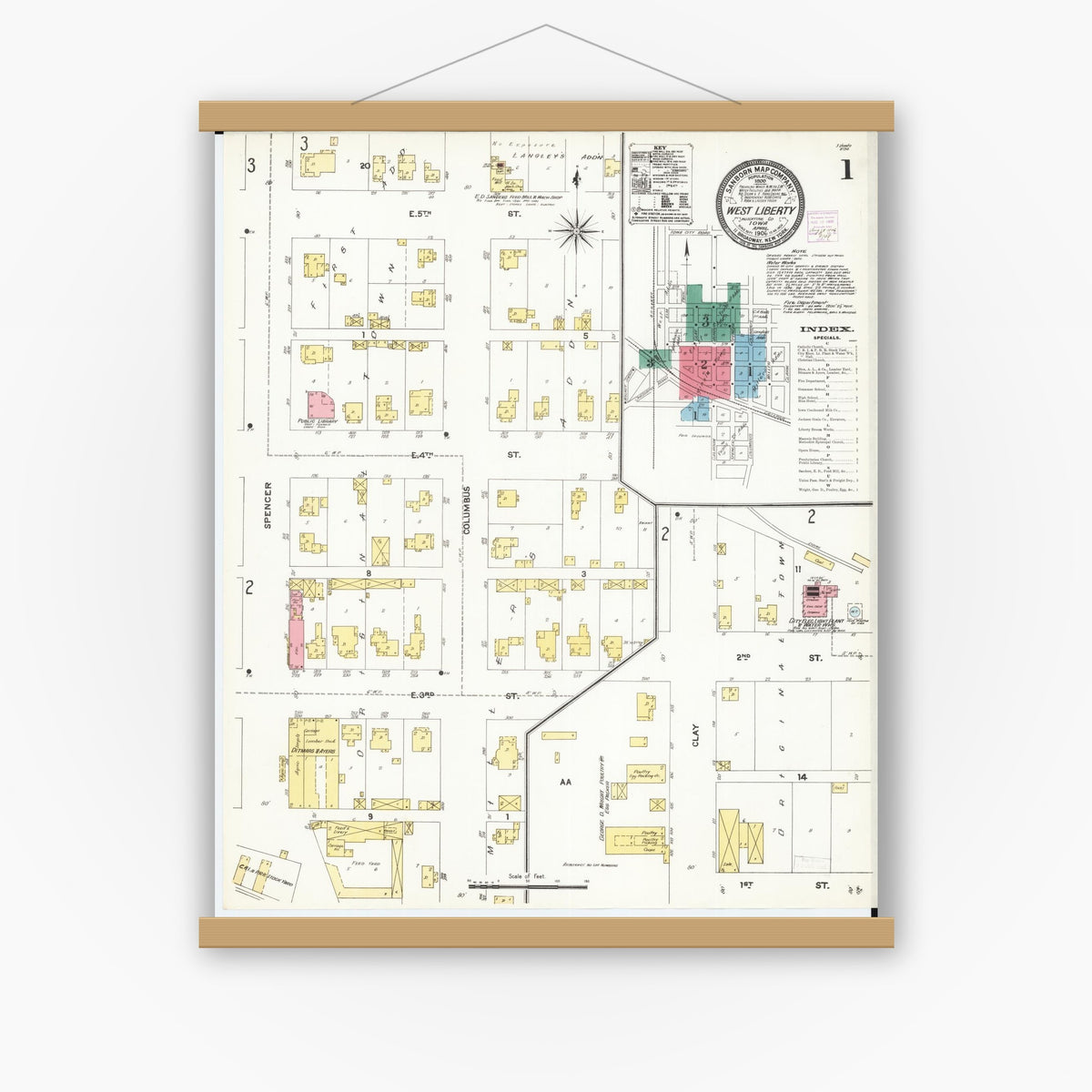 Old map wall art mockup — magnetic wood frame on white wall — Sanborn Fire Insurance Map from West Liberty, Muscatine County, Iowa (1906) â€” Complete Set