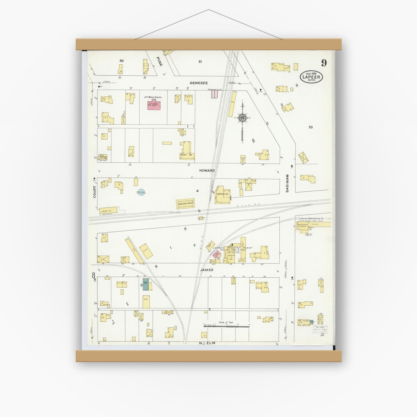 Old map wall art mockup — magnetic wood frame on white wall — Sanborn Fire Insurance Map from Lapeer, Lapeer County, Michigan (1909), Sheet #0009