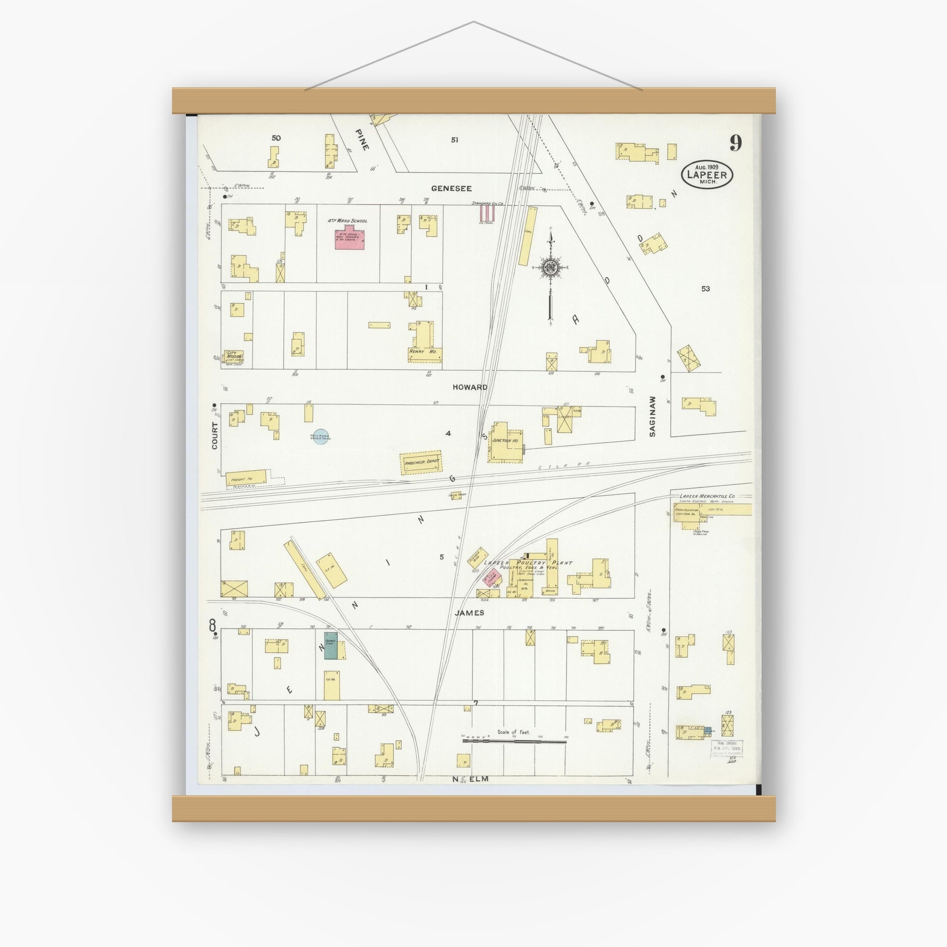 Old map wall art mockup — magnetic wood frame on white wall — Sanborn Fire Insurance Map from Lapeer, Lapeer County, Michigan (1909), Sheet #0009