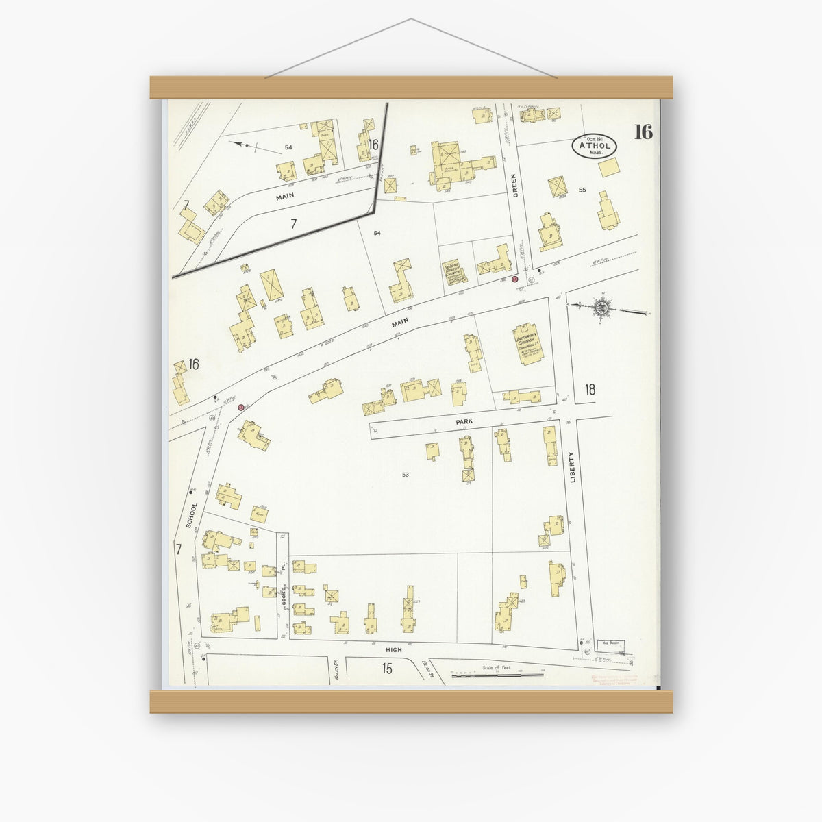 Old map wall art mockup — magnetic wood frame on white wall — Sanborn Fire Insurance Map from Athol, Worcester County, Massachusetts (1911), Sheet #0016