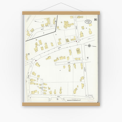 Old map wall art mockup — magnetic wood frame on white wall — Sanborn Fire Insurance Map from Athol, Worcester County, Massachusetts (1911), Sheet #0016