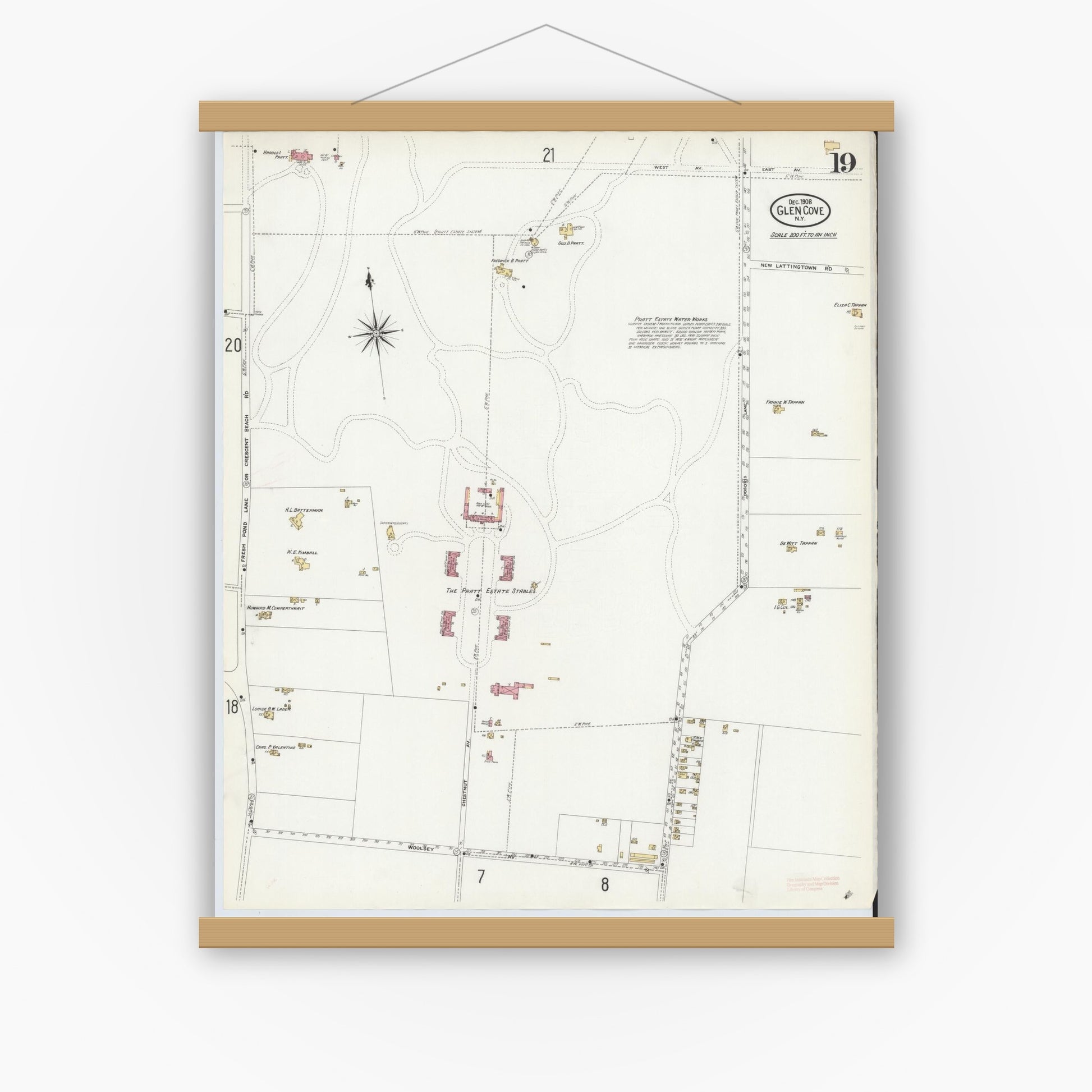 Old map wall art mockup — magnetic wood frame on white wall — Sanborn Fire Insurance Map from Glen Cove, Nassau County, New York (1908), Sheet #0019