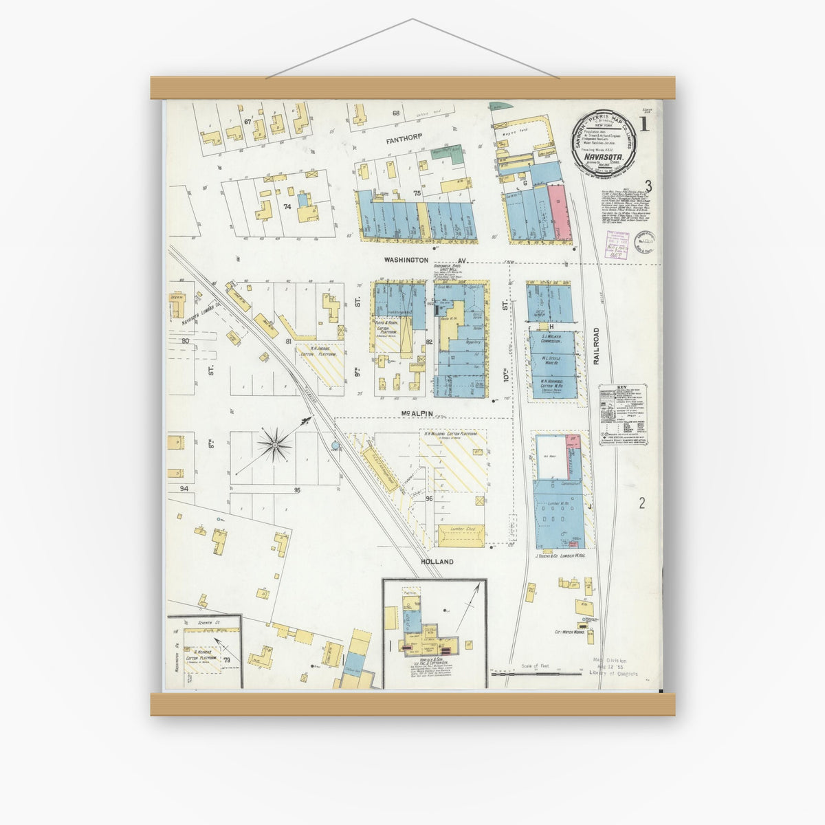 Old map wall art mockup — magnetic wood frame on white wall — Sanborn Fire Insurance Map from Navasota, Grimes County, Texas (1901) - Complete Map Set