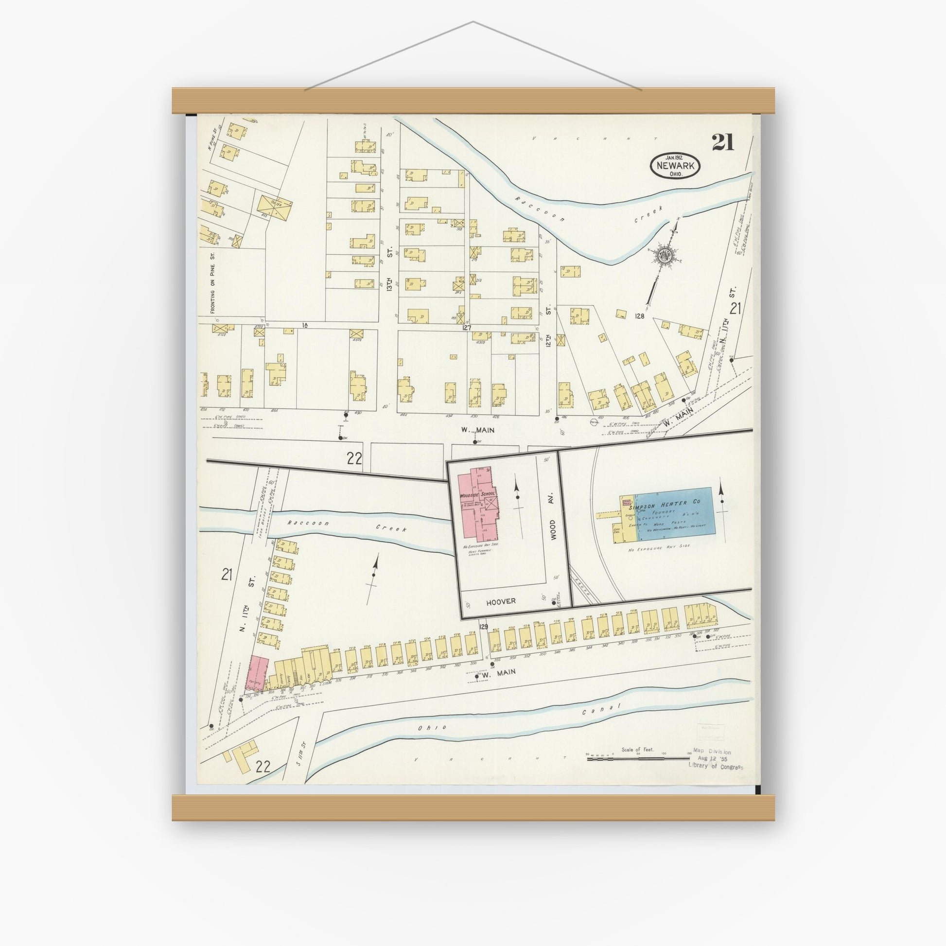 Old map wall art mockup — magnetic wood frame on white wall — Sanborn Fire Insurance Map from Newark, Licking County, Ohio (1912), Sheet #0021