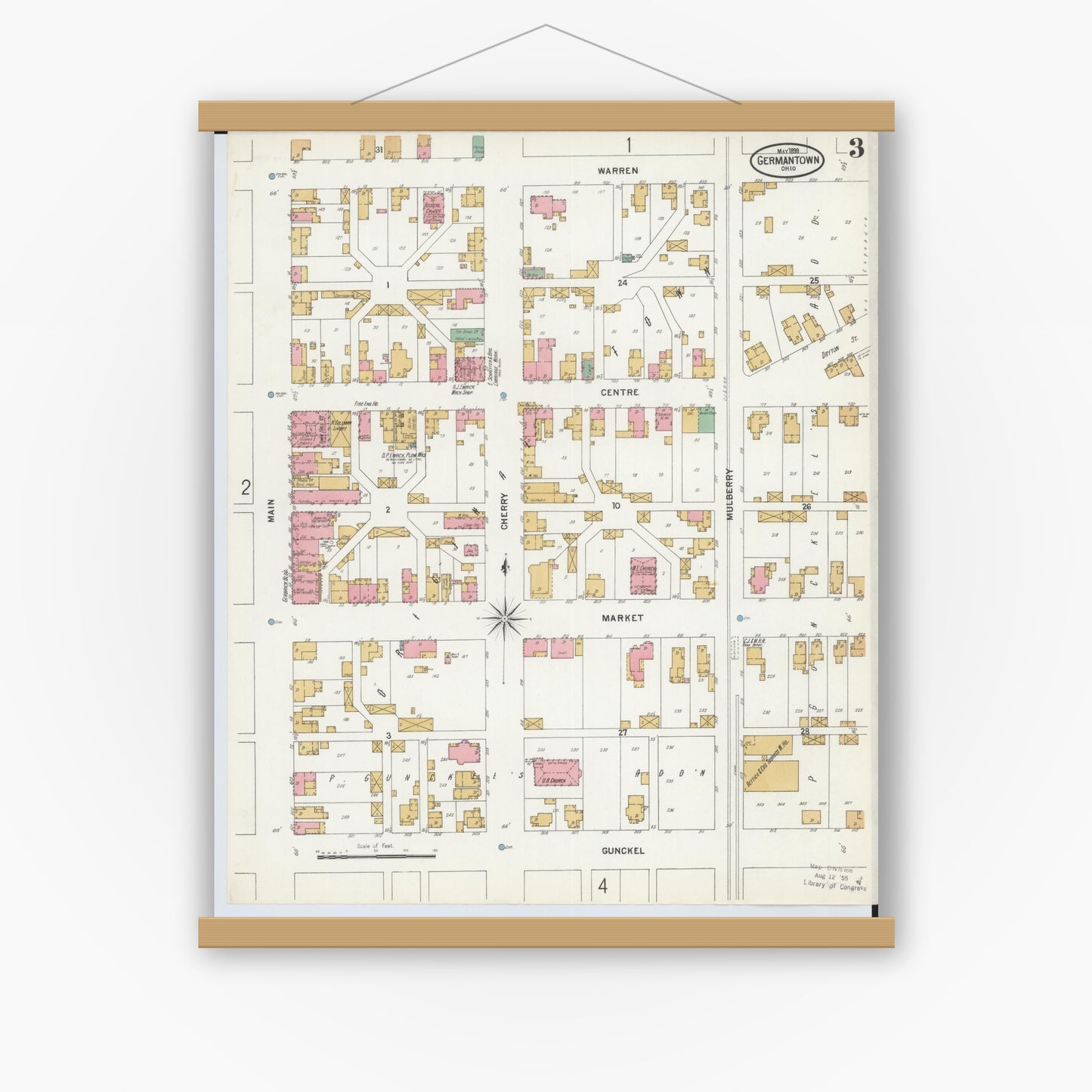 Old map wall art mockup — magnetic wood frame on white wall — Sanborn Fire Insurance Map from Germantown, Montgomery County, Ohio (1899), Sheet #0003