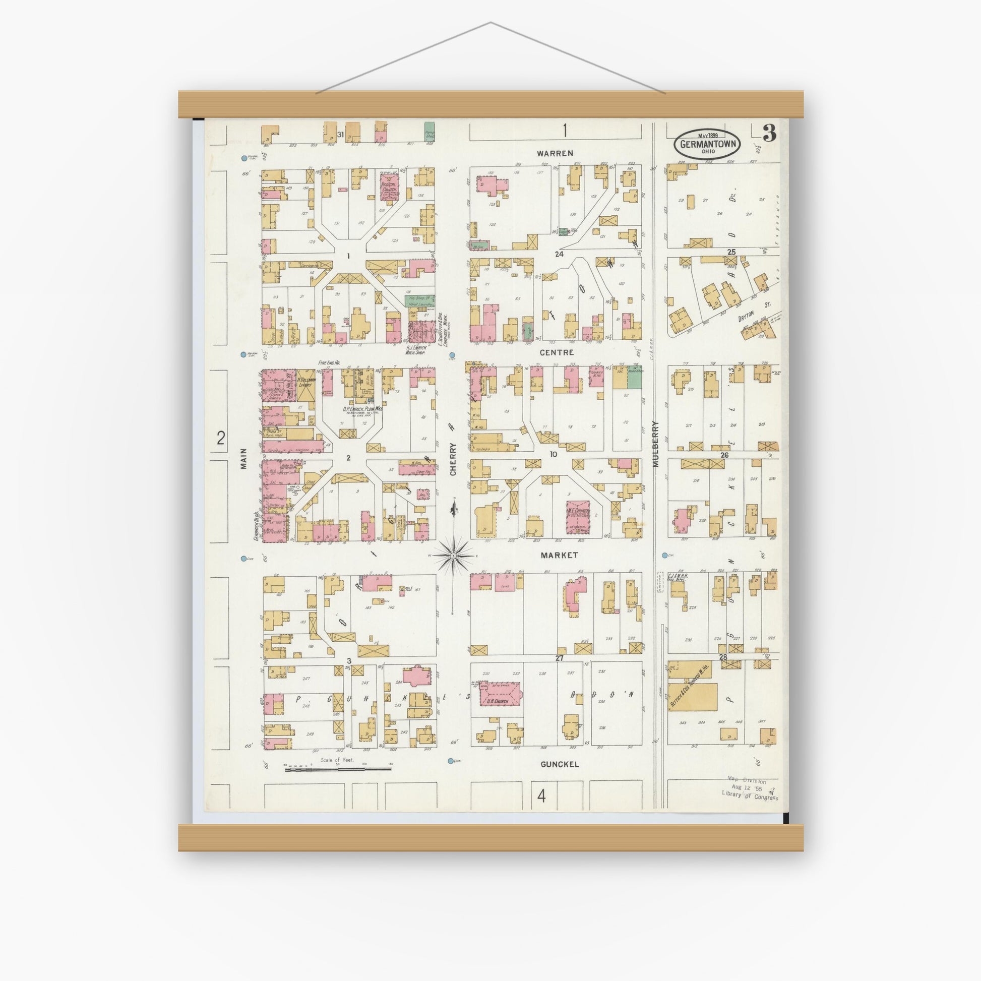 Old map wall art mockup — magnetic wood frame on white wall — Sanborn Fire Insurance Map from Germantown, Montgomery County, Ohio (1899), Sheet #0003