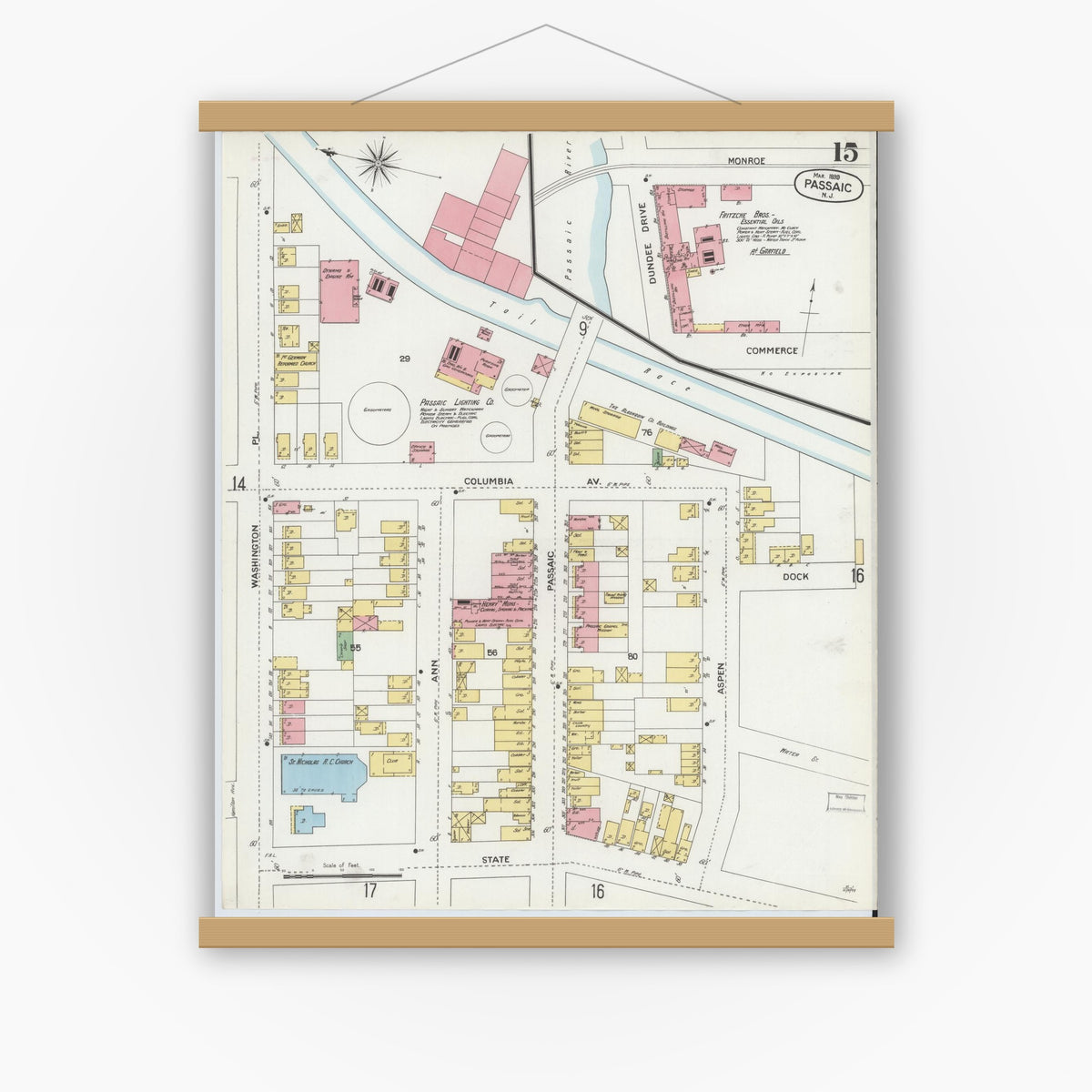 Old map wall art mockup — magnetic wood frame on white wall — Sanborn Fire Insurance Map from Passaic, Passaic County, New Jersey (1899), Sheet #0015