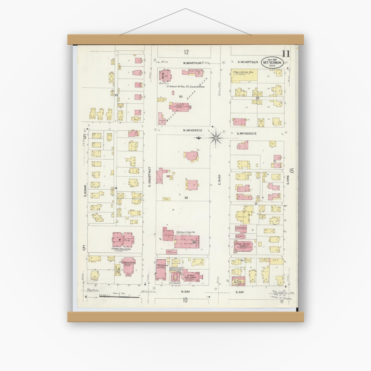 Old map wall art mockup — magnetic wood frame on white wall — Sanborn Fire Insurance Map from Mount Vernon, Knox County, Ohio (1907), Sheet #0011