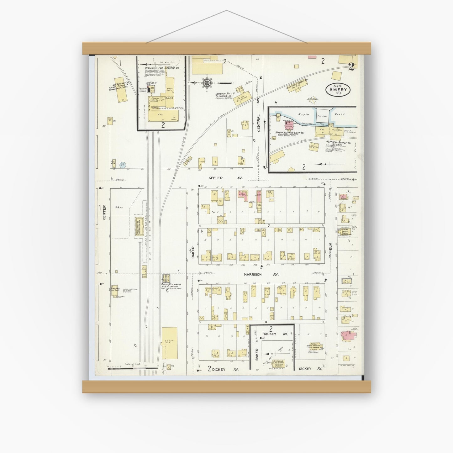 Old map wall art mockup — magnetic wood frame on white wall — Sanborn Fire Insurance Map from Amery, Polk County, Wisconsin (1911) - Complete Map Set