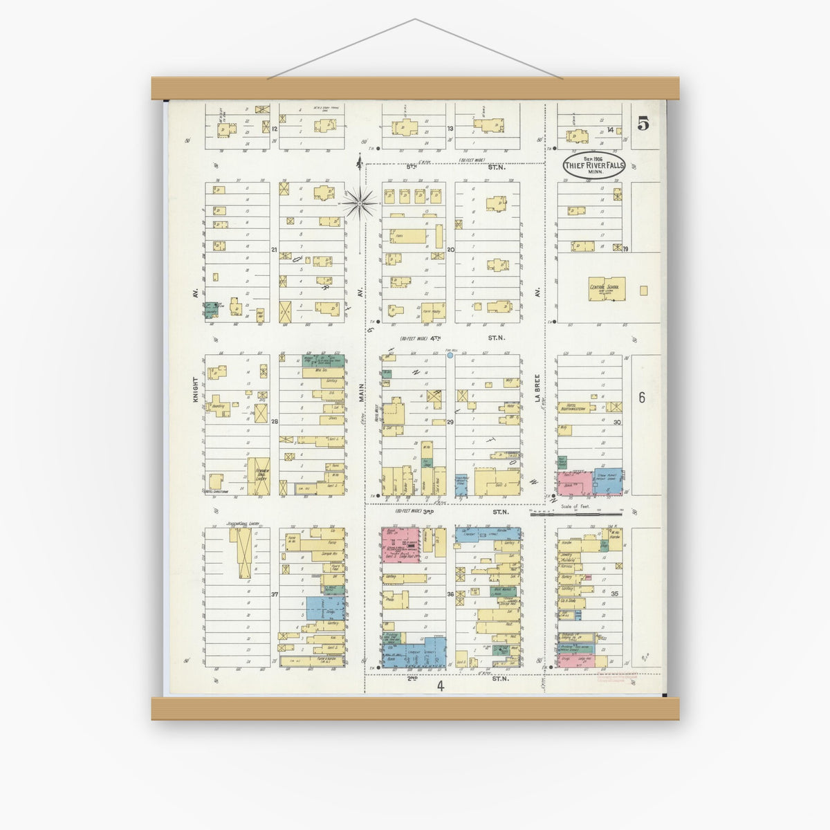 Old map wall art mockup — magnetic wood frame on white wall — Sanborn Fire Insurance Map from Thief River Falls, Pennington County, Minnesota (1906), Sheet #0005