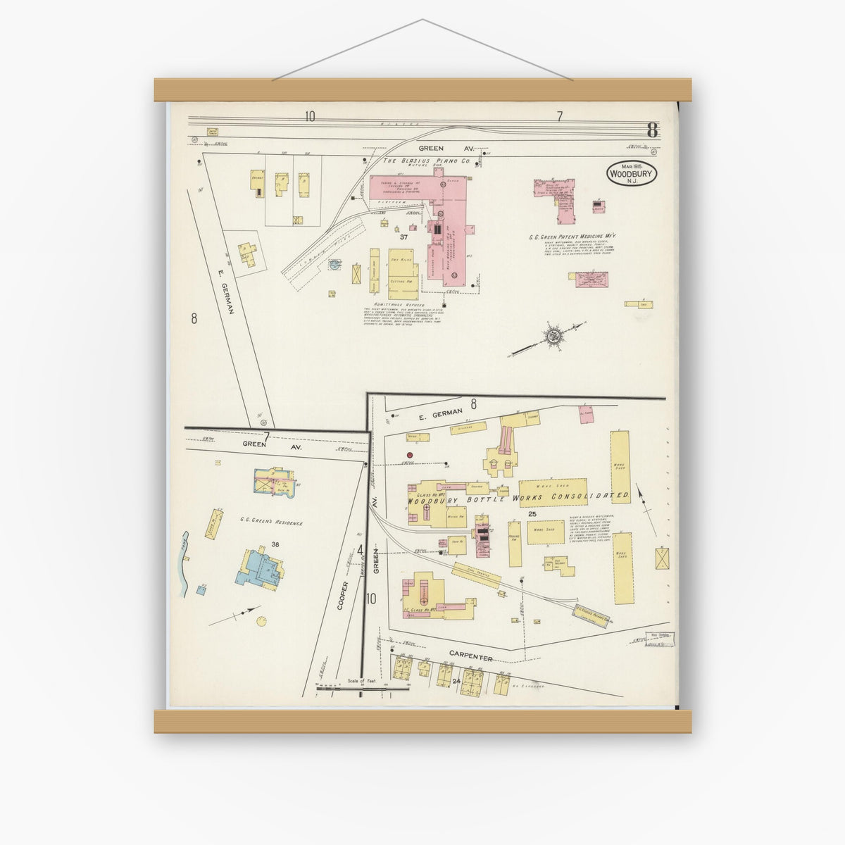 Old map wall art mockup — magnetic wood frame on white wall — Sanborn Fire Insurance Map from Woodbury, Gloucester County, New Jersey (1915), Sheet #0008