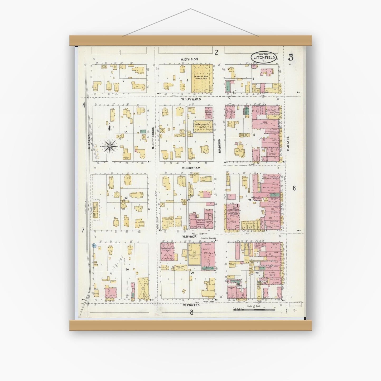 Old map wall art mockup — magnetic wood frame on white wall — Sanborn Fire Insurance Map from Litchfield, Montgomery County, Illinois (1905), Sheet #0005