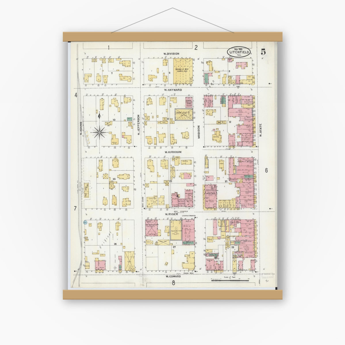 Old map wall art mockup — magnetic wood frame on white wall — Sanborn Fire Insurance Map from Litchfield, Montgomery County, Illinois (1905), Sheet #0005