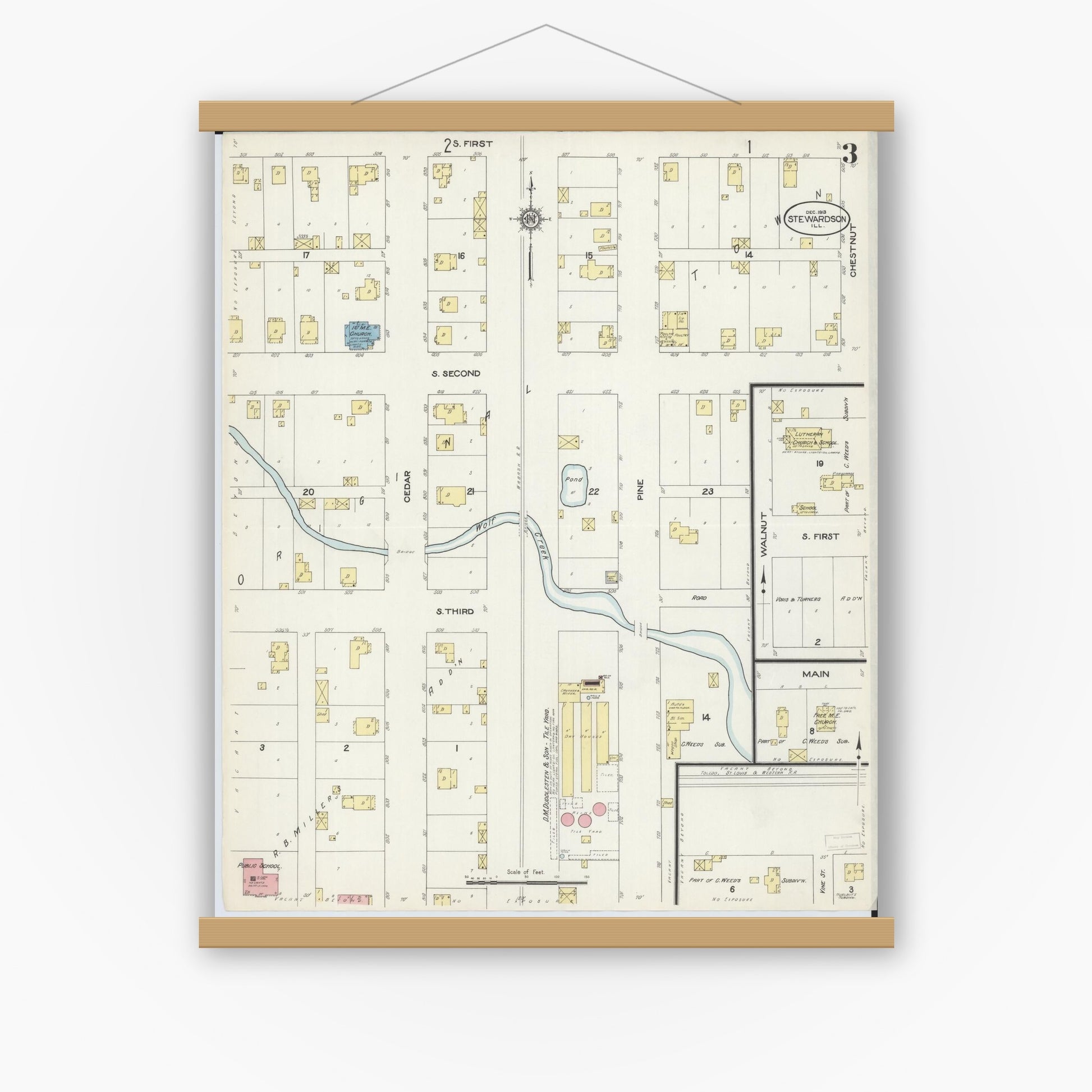 Old map wall art mockup — magnetic wood frame on white wall — Sanborn Fire Insurance Map from Stewardson, Shelby County, Illinois (1913), Sheet #0003