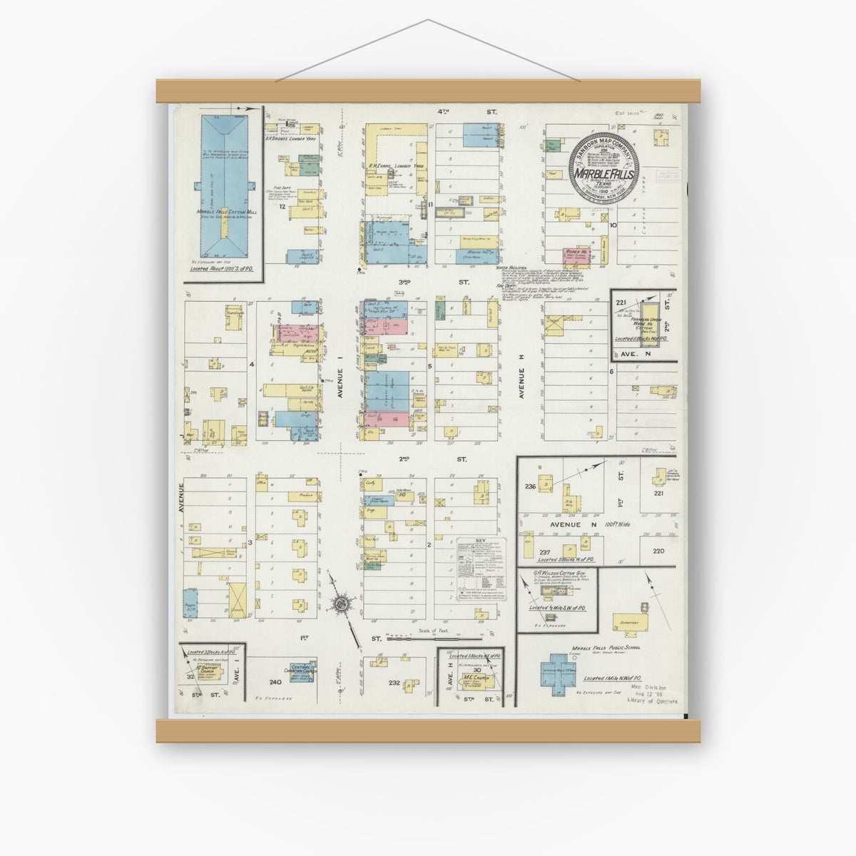 Old map wall art mockup — magnetic wood frame on white wall — Sanborn Fire Insurance Map from Marble Falls, Burnet County, Texas (1910), Sheet #0001