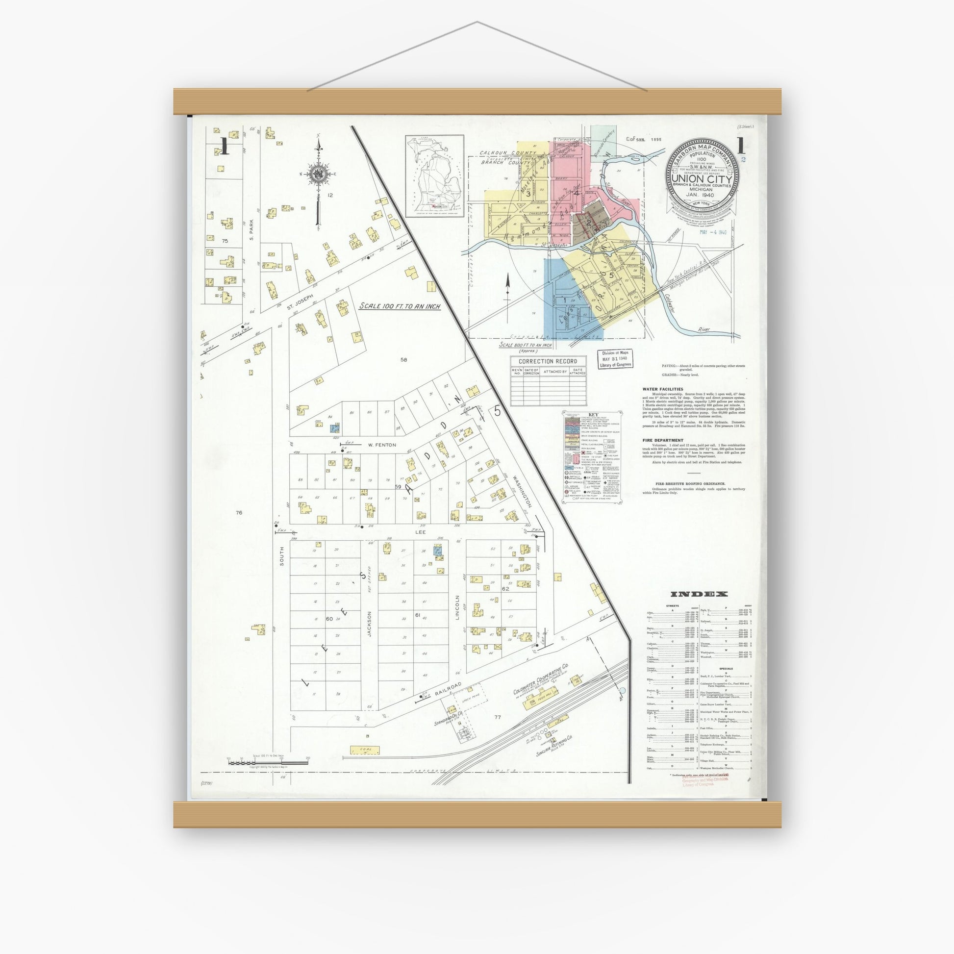 Old map wall art mockup — magnetic wood frame on white wall — Sanborn Fire Insurance Map from Union City, Branch And Calhoun Counties, Michigan (1940) - Complete Map Set