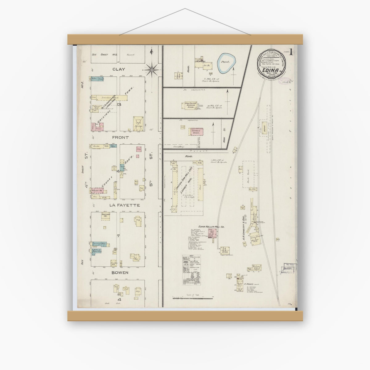 Old map wall art mockup — magnetic wood frame on white wall — Sanborn Fire Insurance Map from Edina, Knox County, Missouri (1886) - Complete Map Set