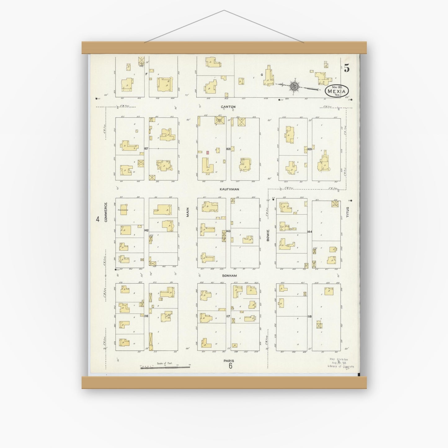 Old map wall art mockup — magnetic wood frame on white wall — Sanborn Fire Insurance Map from Mexia, Limestone County, Texas (1911), Sheet #0005