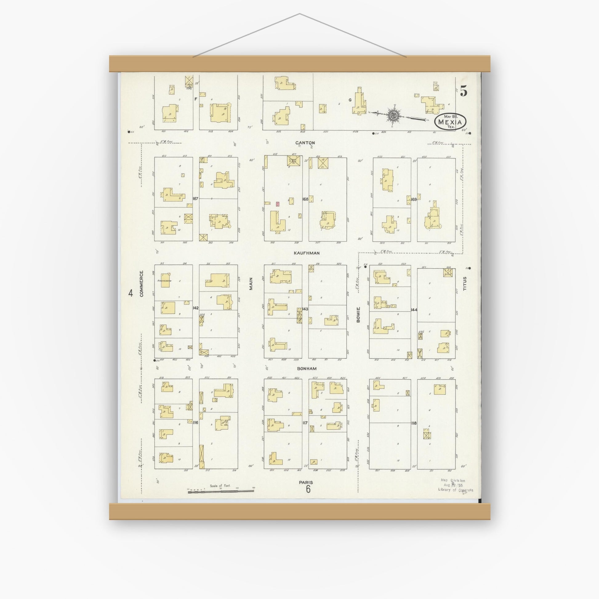 Old map wall art mockup — magnetic wood frame on white wall — Sanborn Fire Insurance Map from Mexia, Limestone County, Texas (1911), Sheet #0005