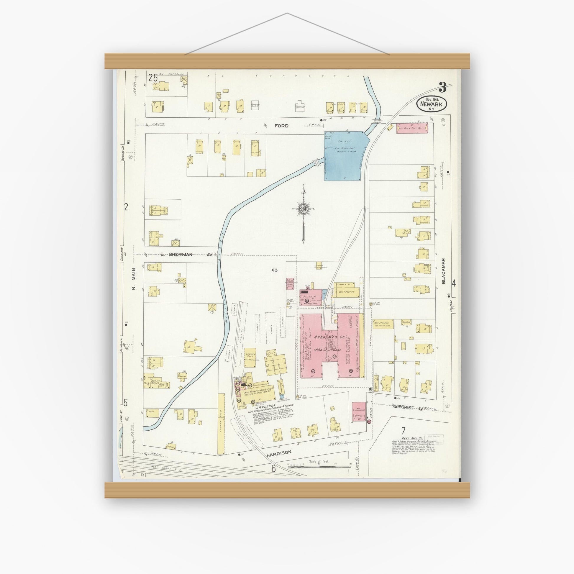 Old map wall art mockup — magnetic wood frame on white wall — Sanborn Fire Insurance Map from Newark, Wayne County, New York (1912), Sheet #0003