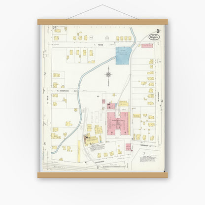 Old map wall art mockup — magnetic wood frame on white wall — Sanborn Fire Insurance Map from Newark, Wayne County, New York (1912), Sheet #0003