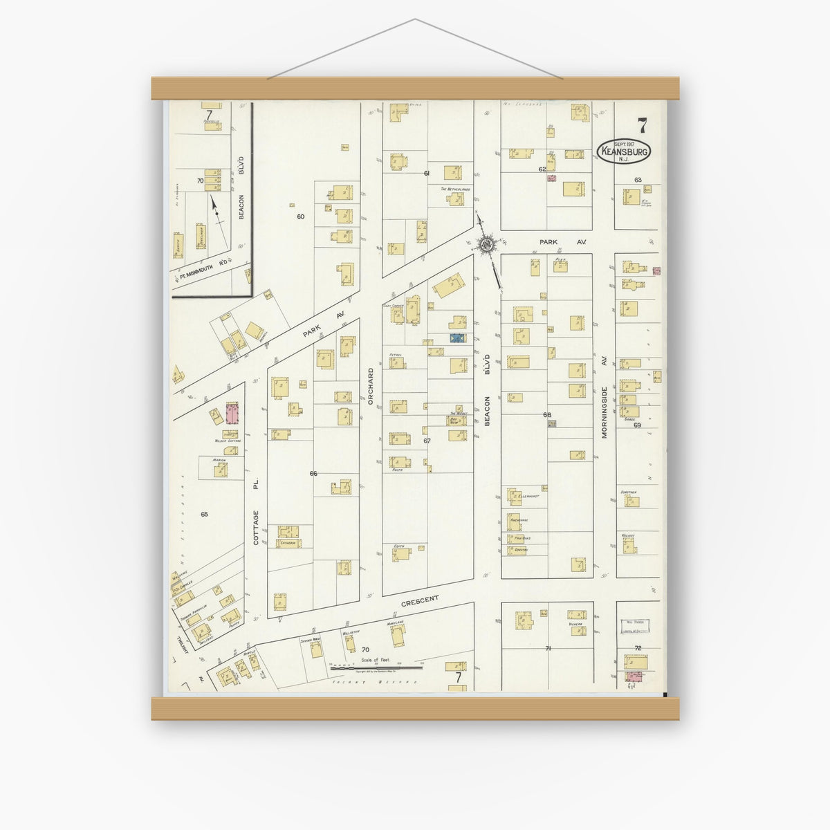Old map wall art mockup — magnetic wood frame on white wall — Sanborn Fire Insurance Map from Keansburg, Monmouth County, New Jersey (1917), Sheet #0007