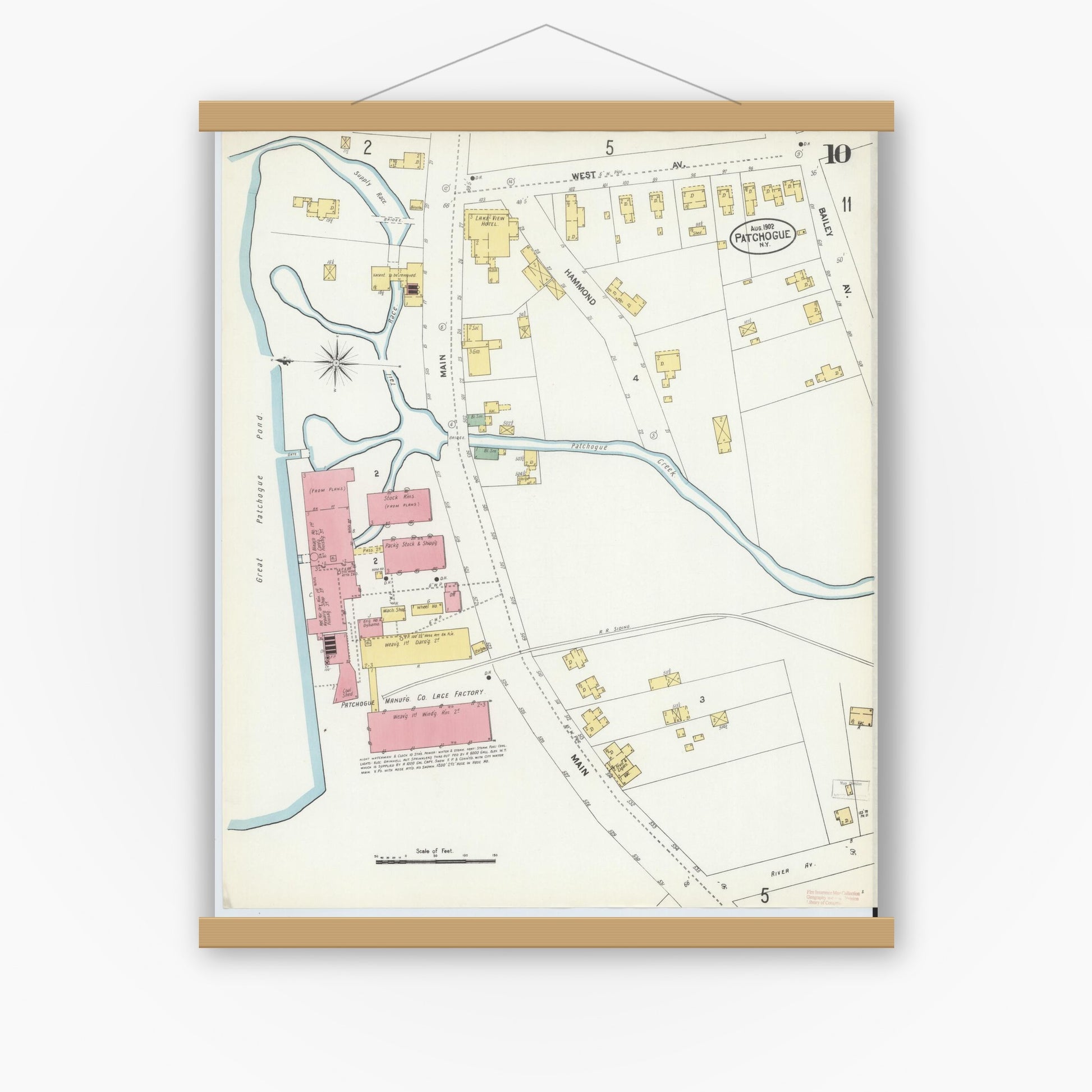 Old map wall art mockup — magnetic wood frame on white wall — Sanborn Fire Insurance Map from Patchogue, Suffolk County, New York (1902), Sheet #0010
