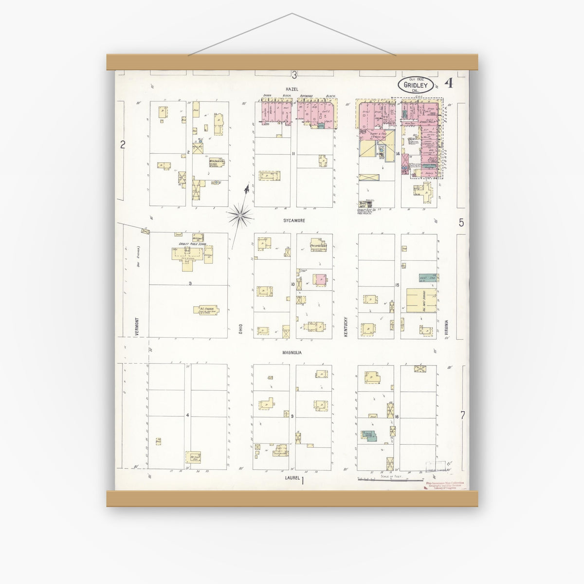 Old map wall art mockup — magnetic wood frame on white wall — Sanborn Fire Insurance Map from Gridley, Butte County, California (1902), Sheet #0004