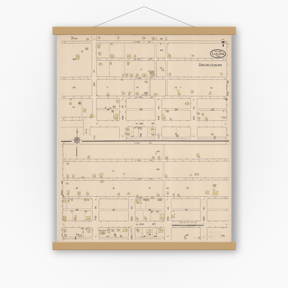 Old map wall art mockup — magnetic wood frame on white wall — Sanborn Fire Insurance Map from Luling, Caldwell County, Texas (1921), Sheet #0007