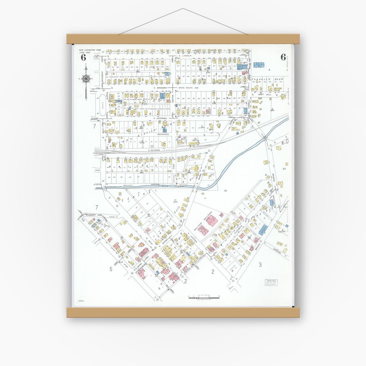 Old map wall art mockup — magnetic wood frame on white wall — Sanborn Fire Insurance Map from New Lexington, Perry County, Ohio (1950), Sheet #0006