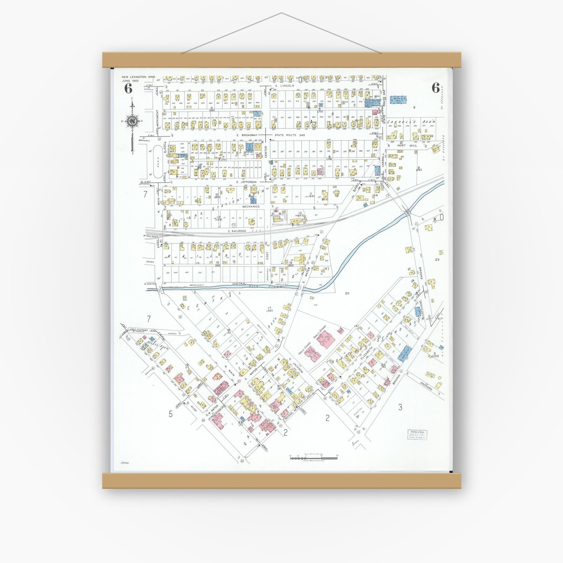 Old map wall art mockup — magnetic wood frame on white wall — Sanborn Fire Insurance Map from New Lexington, Perry County, Ohio (1950), Sheet #0006