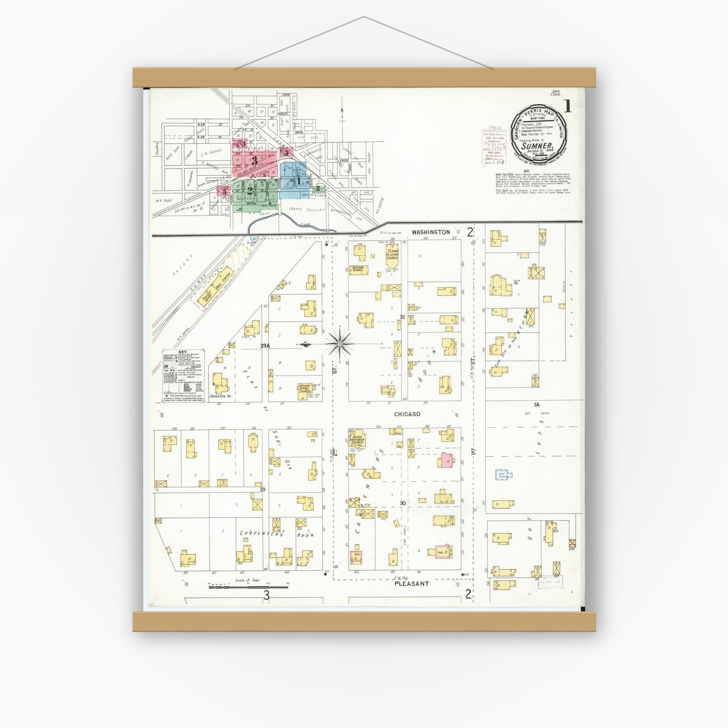 Old map wall art mockup — magnetic wood frame on white wall — Sanborn Fire Insurance Map from Sumner, Bremer County, Iowa (1900), Sheet #0001