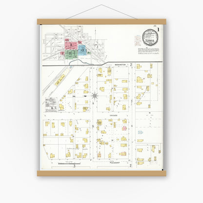 Old map wall art mockup — magnetic wood frame on white wall — Sanborn Fire Insurance Map from Sumner, Bremer County, Iowa (1900), Sheet #0001