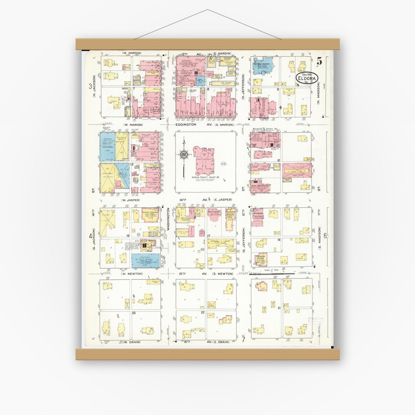 Old map wall art mockup — magnetic wood frame on white wall — Sanborn Fire Insurance Map from Eldora, Hardin County, Iowa (1915), Sheet #0005