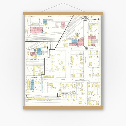 Old map wall art mockup — magnetic wood frame on white wall — Sanborn Fire Insurance Map from Waterloo, Black Hawk County, Iowa (1910), Sheet #0004