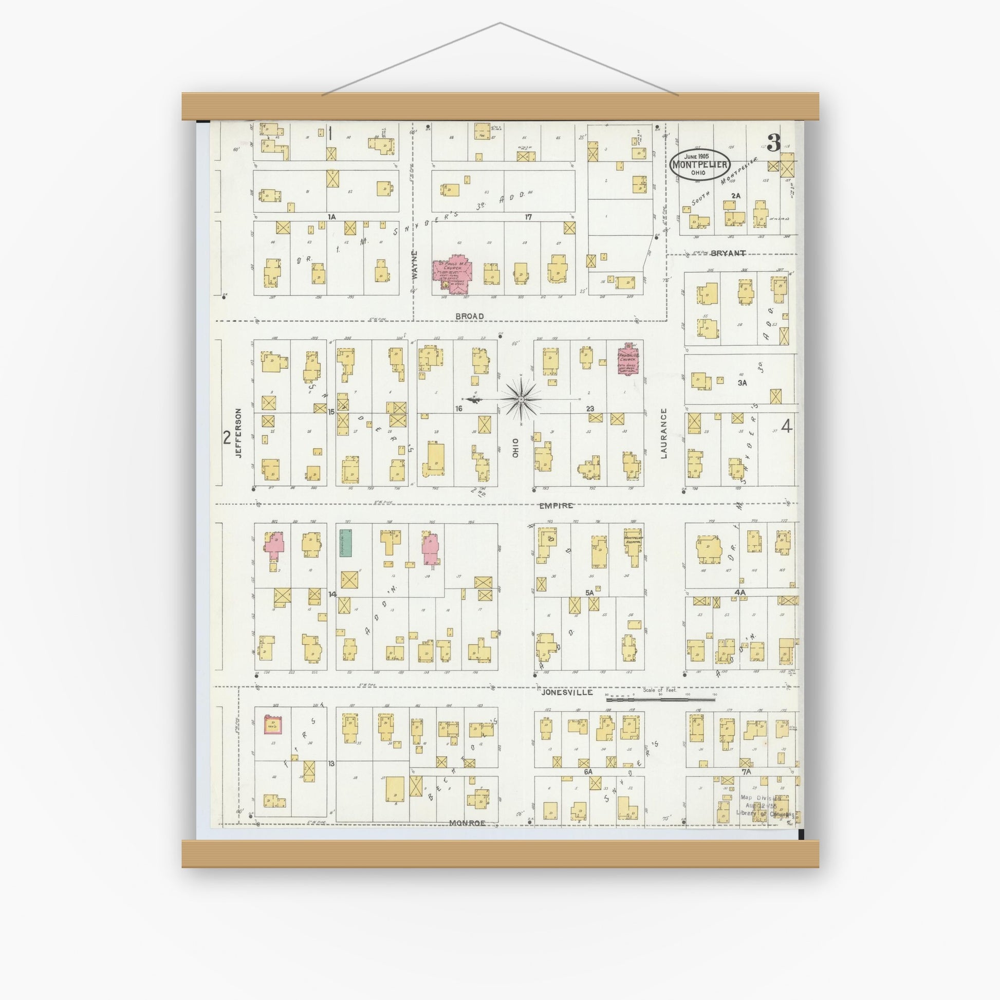 Old map wall art mockup — magnetic wood frame on white wall — Sanborn Fire Insurance Map from Montpelier, Williams County, Ohio (1905), Sheet #0003