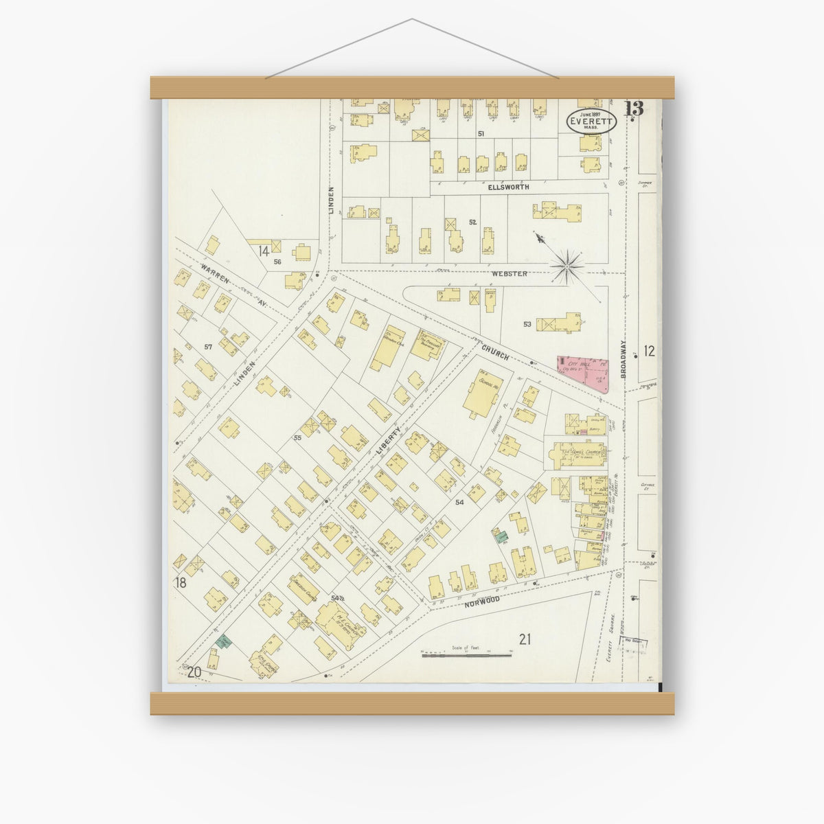 Old map wall art mockup — magnetic wood frame on white wall — Sanborn Fire Insurance Map from Everett, Middlesex County, Massachusetts (1897), Sheet #0013