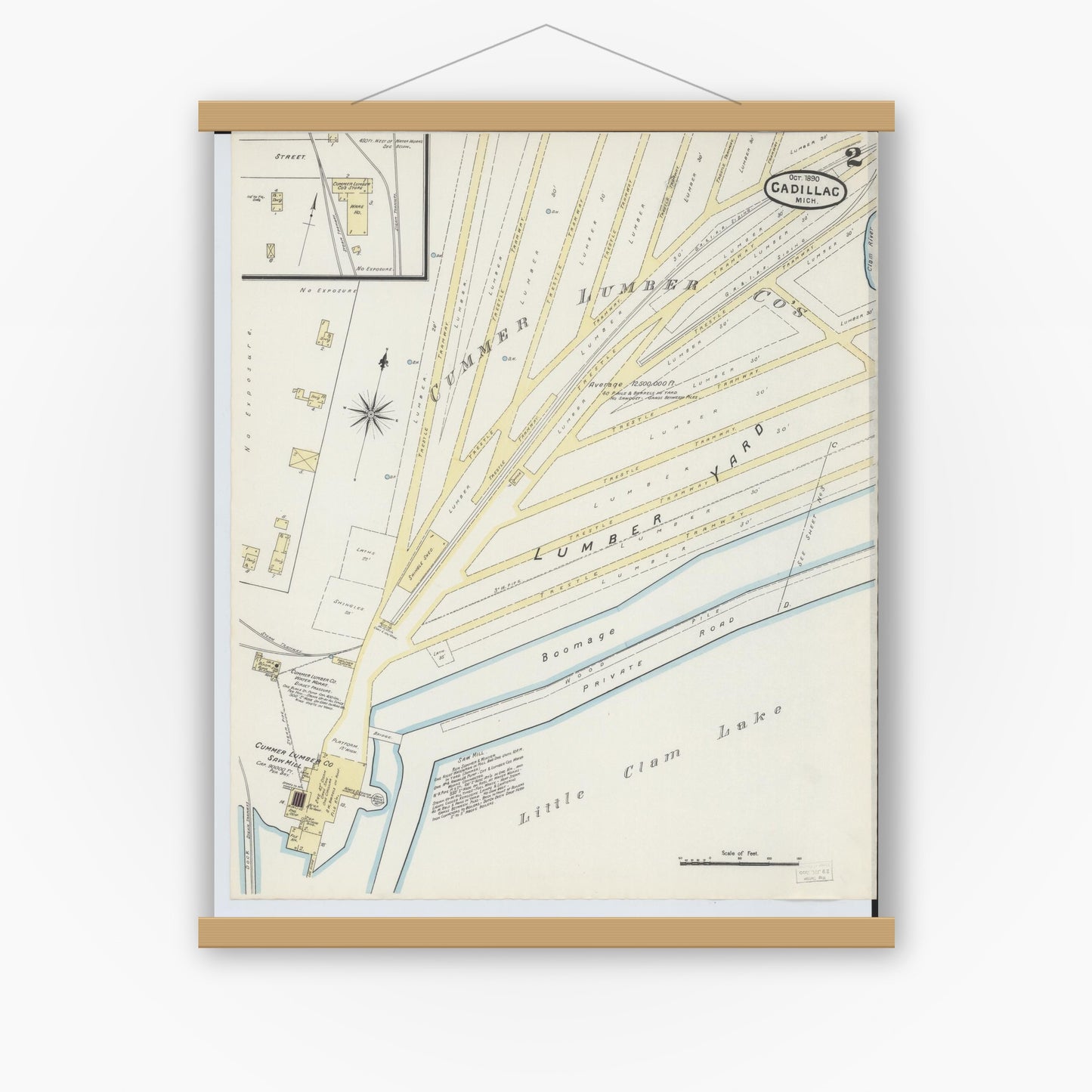 Old map wall art mockup — magnetic wood frame on white wall — Sanborn Fire Insurance Map from Cadillac, Wexford County, Michigan (1890), Sheet #0002