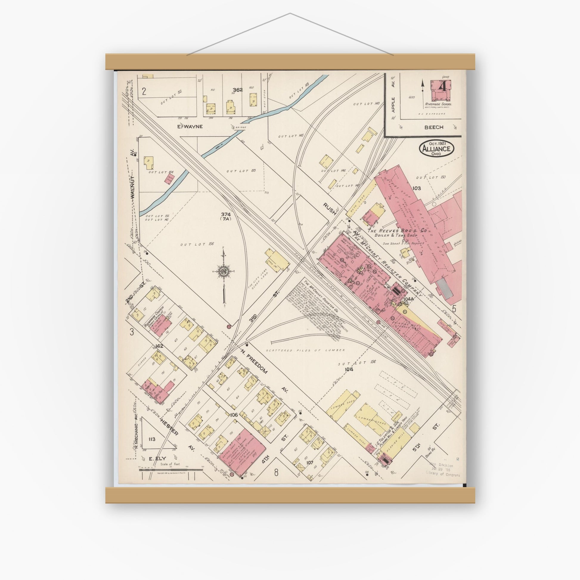 Old map wall art mockup — magnetic wood frame on white wall — Sanborn Fire Insurance Map from Alliance, Stark County, Ohio (1921), Sheet #0004
