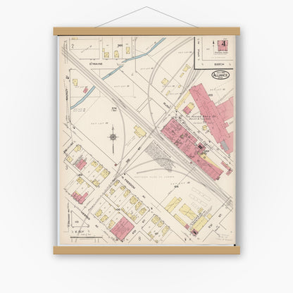 Old map wall art mockup — magnetic wood frame on white wall — Sanborn Fire Insurance Map from Alliance, Stark County, Ohio (1921), Sheet #0004
