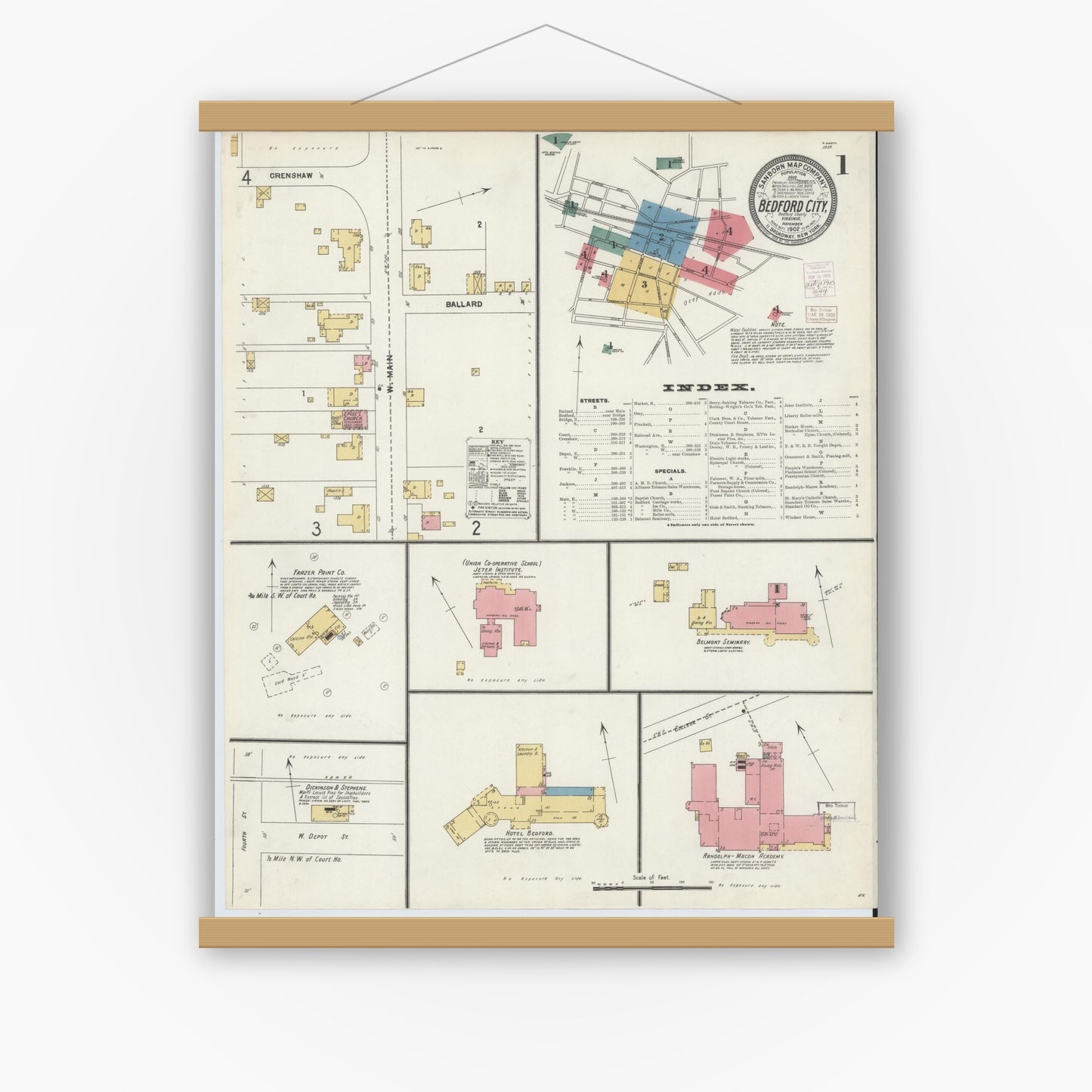 Old map wall art mockup — magnetic wood frame on white wall — Sanborn Fire Insurance Map from Bedford, Independent Cities, Virginia (1902), Sheet #0001