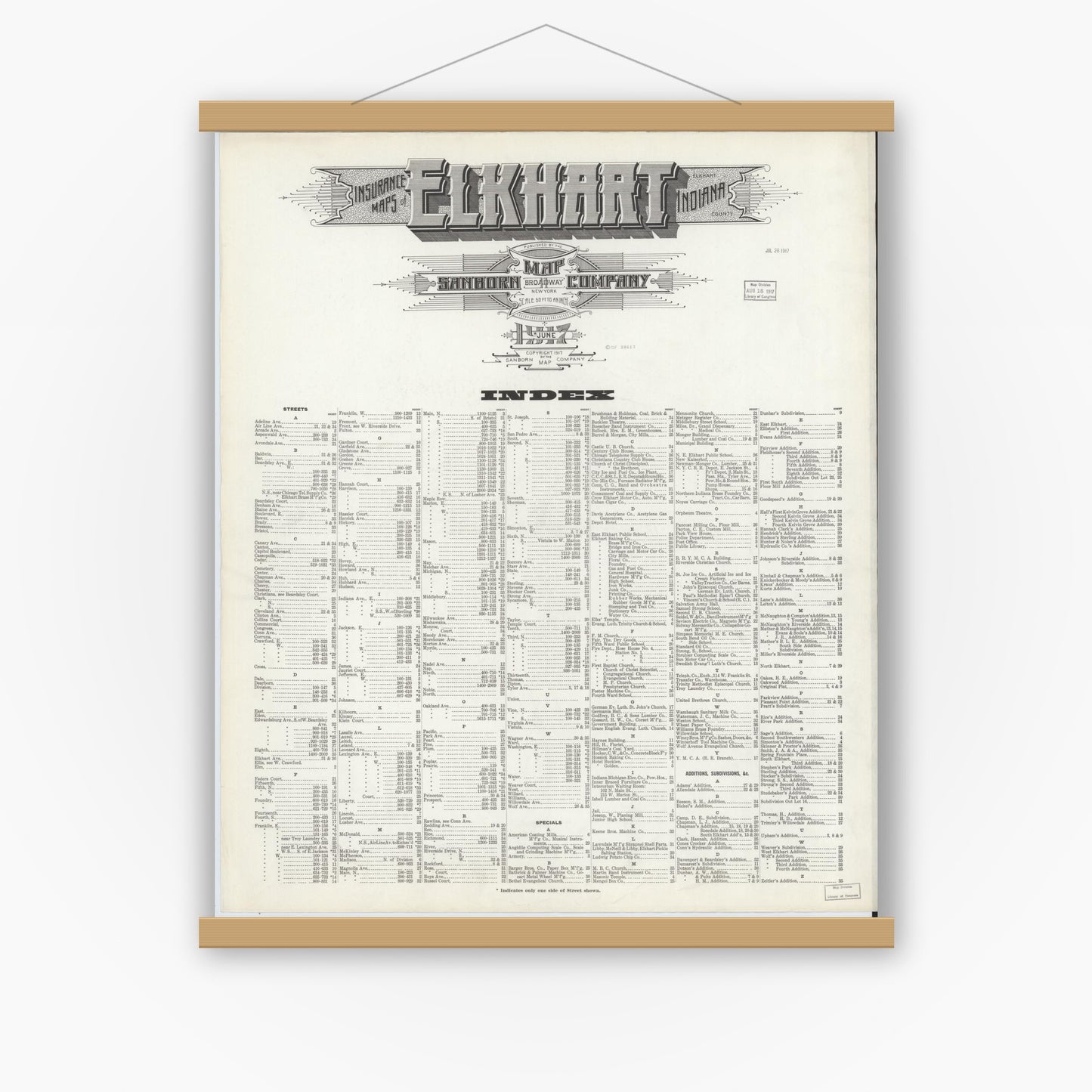Old map wall art mockup — magnetic wood frame on white wall — Sanborn Fire Insurance Map from Elkhart, Elkhart County, Indiana (1917), Sheet #0001