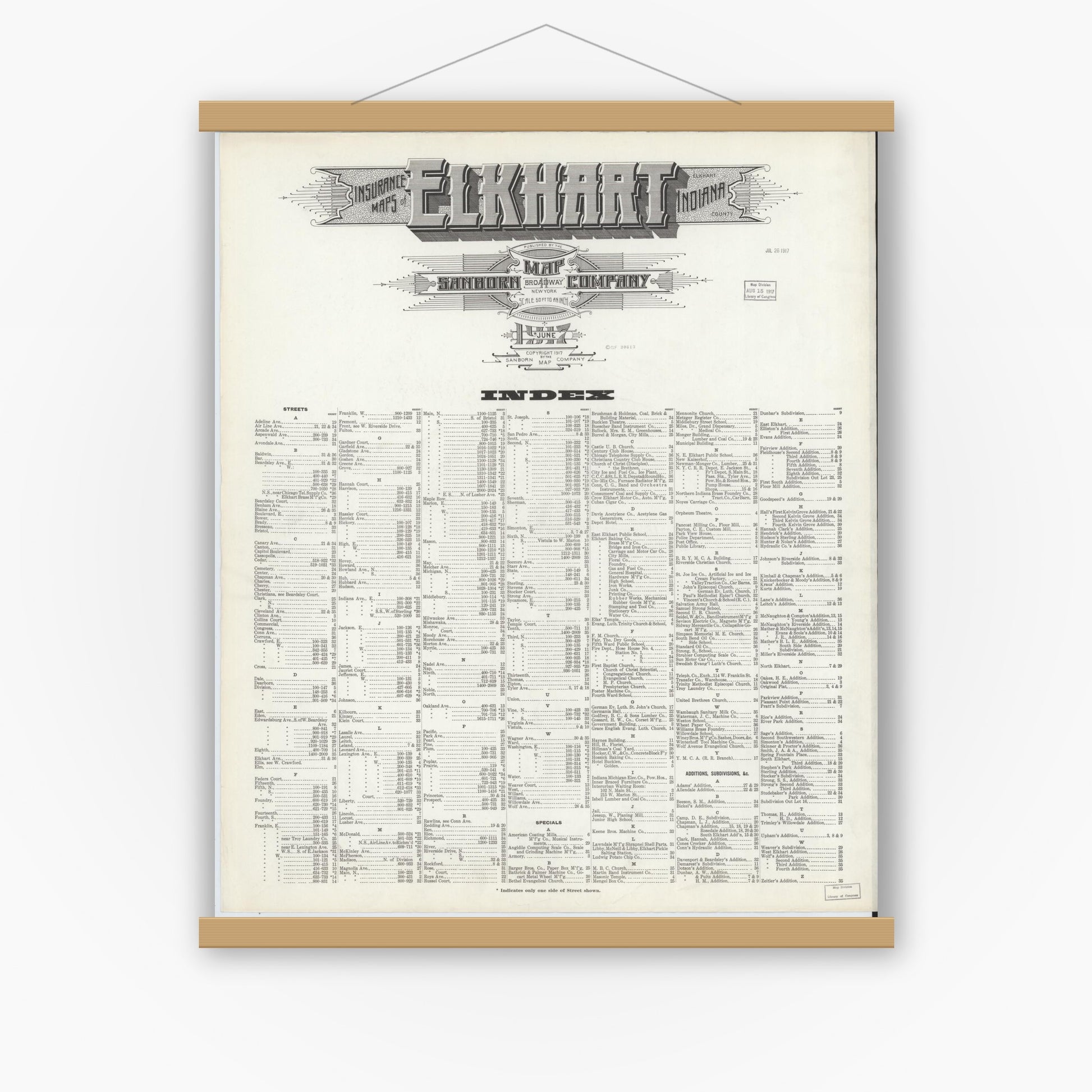Old map wall art mockup — magnetic wood frame on white wall — Sanborn Fire Insurance Map from Elkhart, Elkhart County, Indiana (1917), Sheet #0001